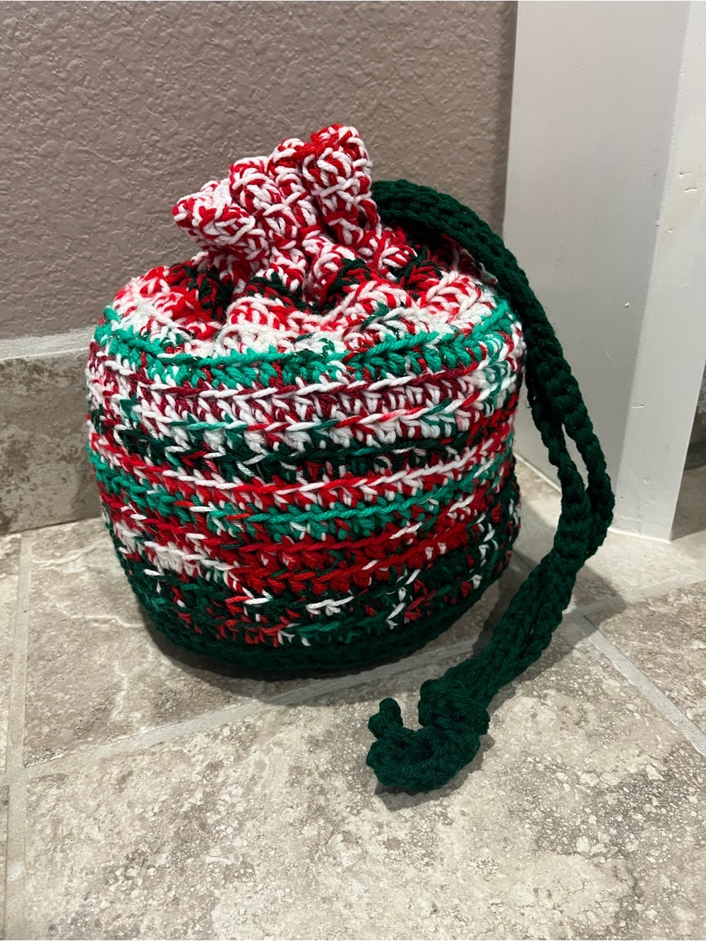 Handmade Red, Green & White Crochet Drawstring Bucket Bag